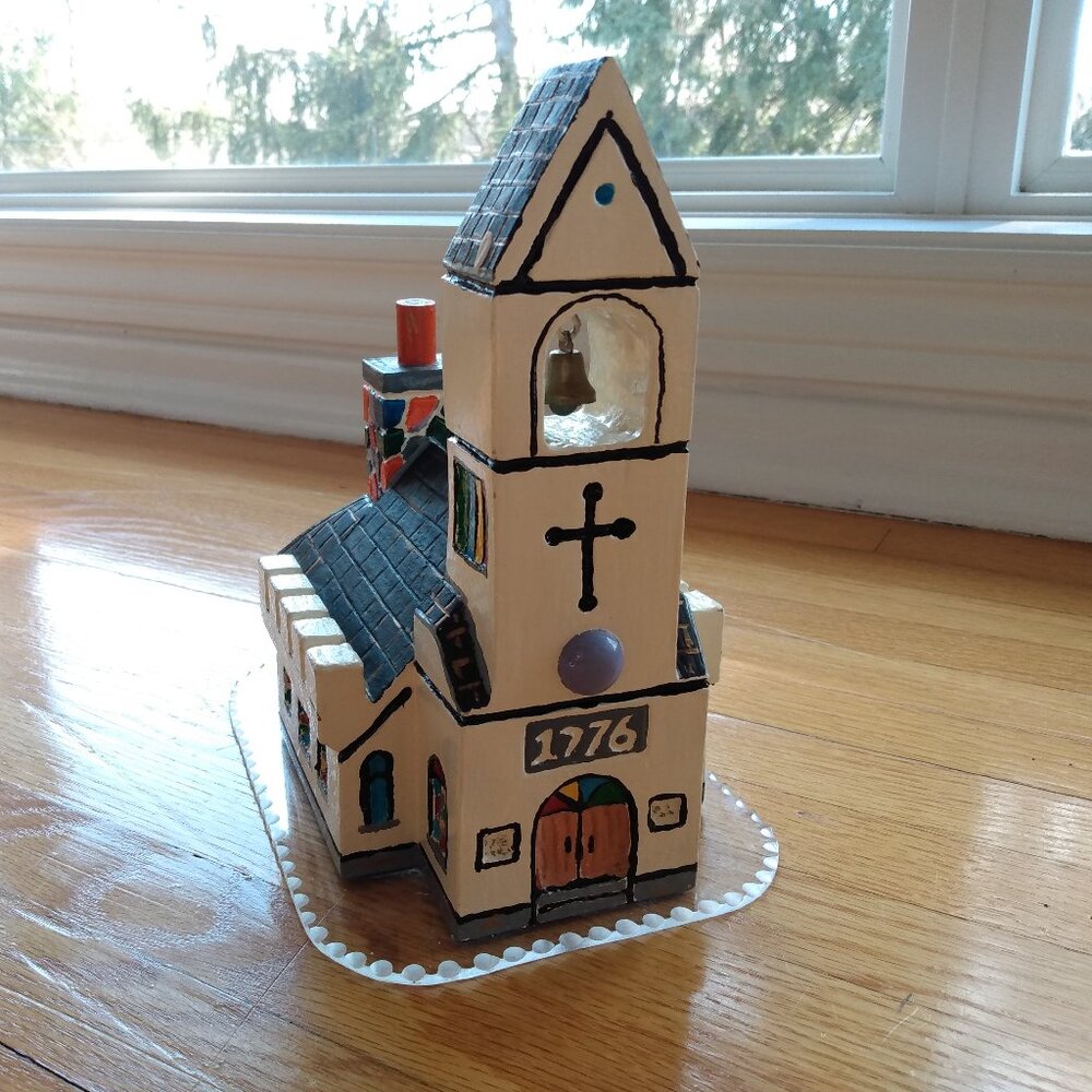 Vintage 1776 Church Coin Bank Handmade Painted Wood Folk Art Coinbank